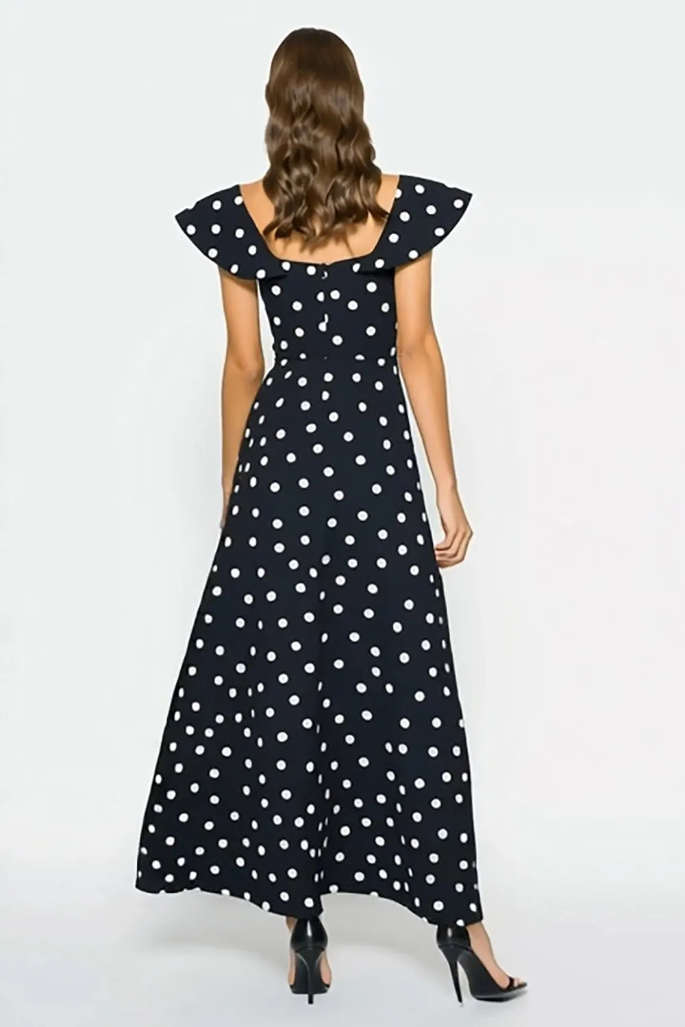 Black and White A Line Flutter Sleeves Long Polka Dots Dress sold by Zapaka product image thumbnail 2