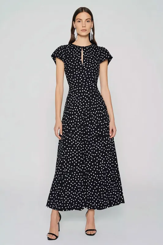 A-Line Round Neck Long Black White Dots Dress sold by Zapaka