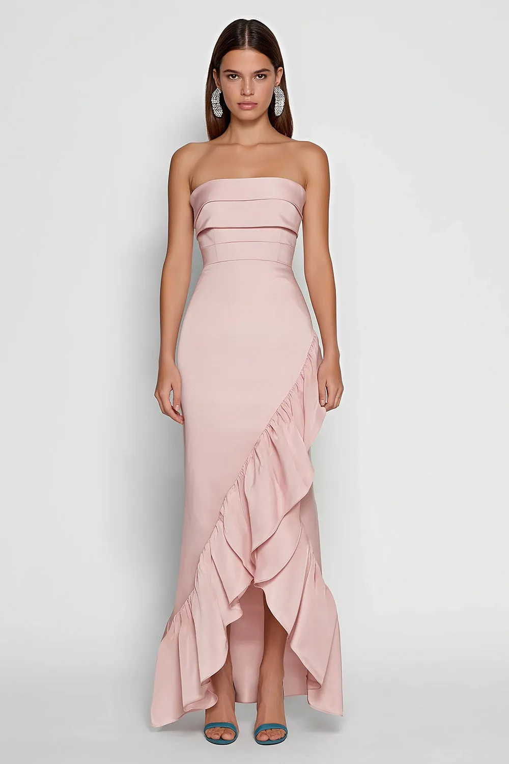 Strapless Pink Sheath Long Satin Dress with Ruffles sold by Zapaka