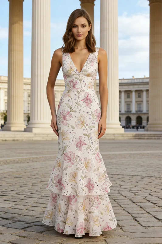 Pink Mermaid Beaded V-Neck Long Floral Dress with Ruffles sold by Zapaka