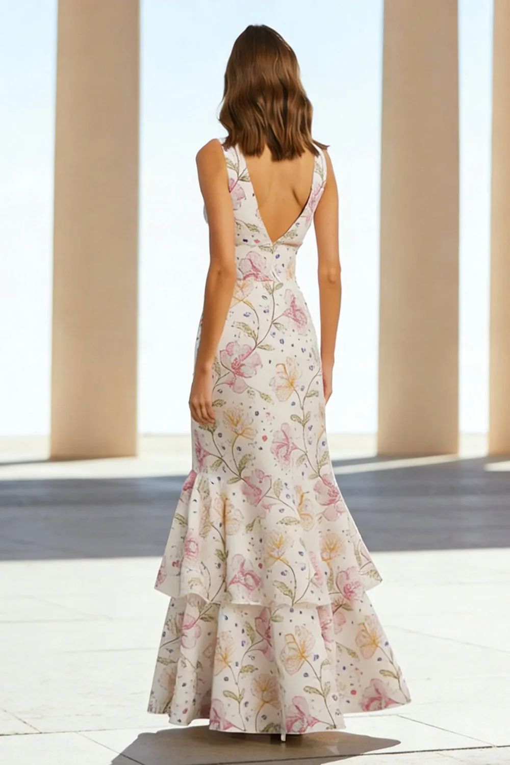 Pink Mermaid Beaded V-Neck Long Floral Dress with Ruffles sold by Zapaka product image thumbnail 2