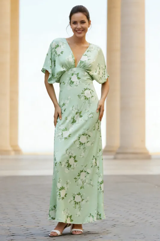 Sage Sheath V-Neck Long Floral Dress with Cape Sleeves sold by Zapaka