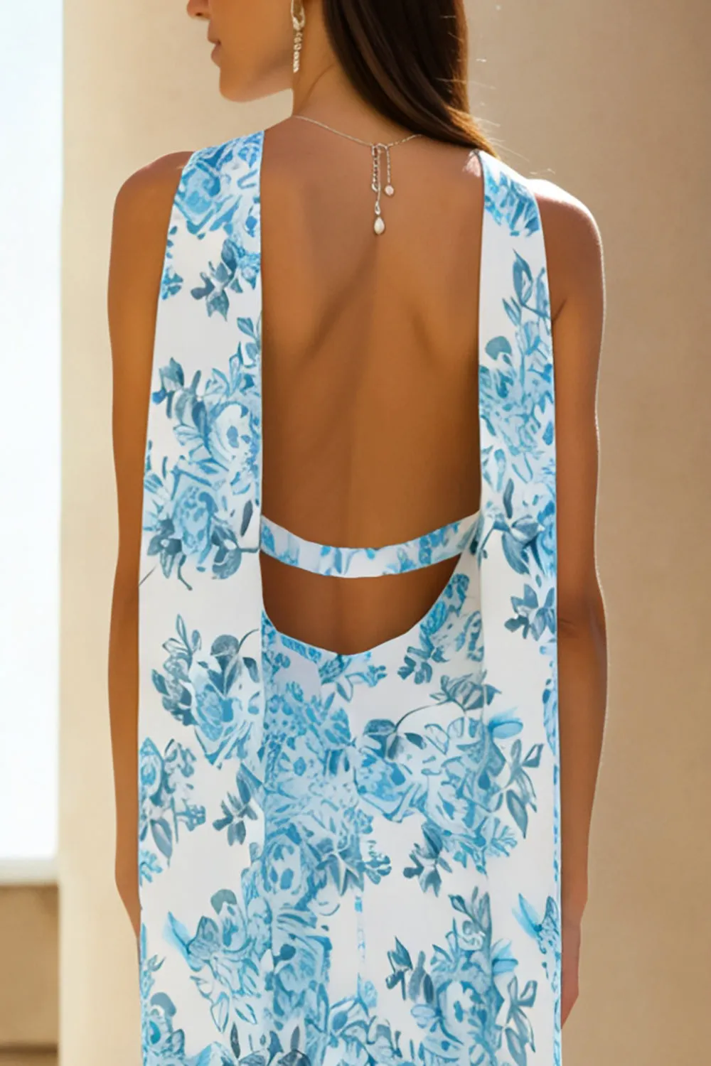 White Blue Flower Sheath Spaghetti Straps Convertible Maxi Dress with Streamer sold by Zapaka product image thumbnail 4