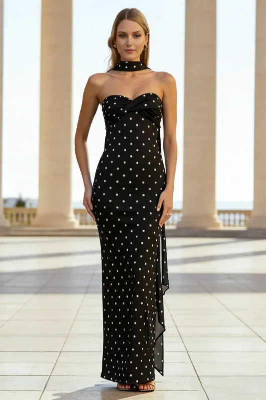 Strapless Black White Dots Sheath Chiffon Long Convertible Dress with Streamer made by Zapaka