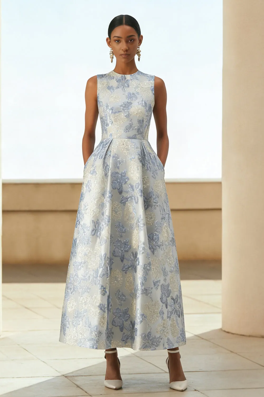 Dusty Blue A Line Floral Long Jacquard Dress with Pockets sold by Zapaka