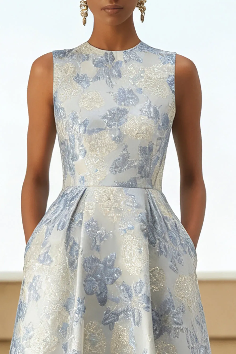 Dusty Blue A Line Floral Long Jacquard Dress with Pockets sold by Zapaka product image thumbnail 3