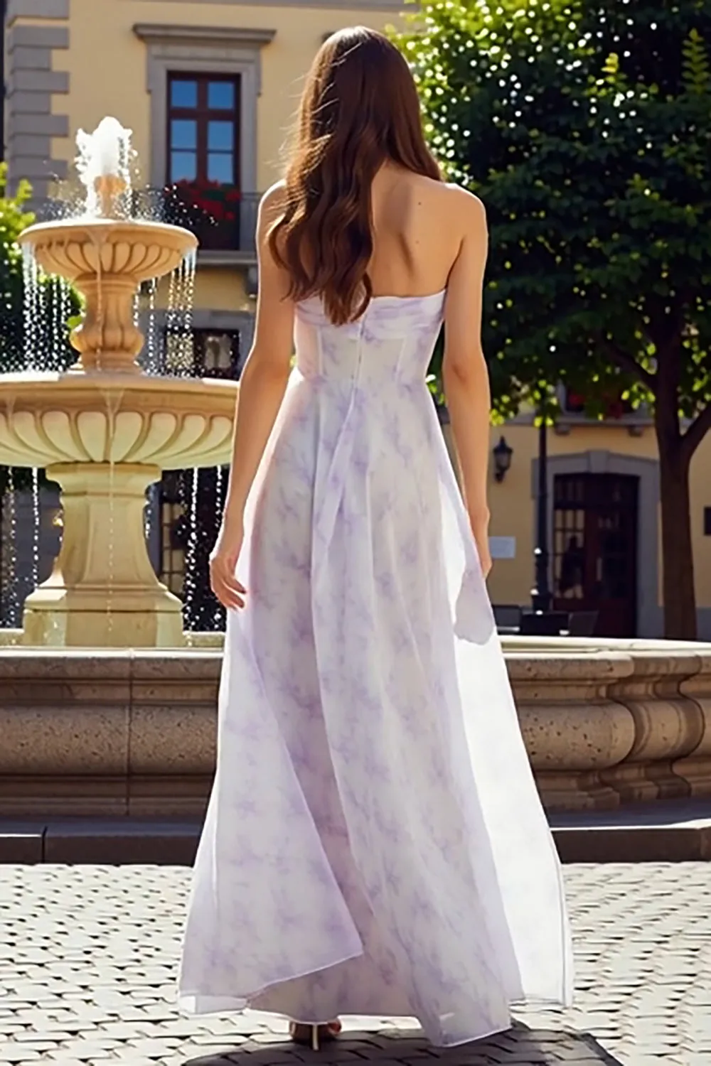 Lilac A Line Strapless Long Floral Chiffon Dress sold by Zapaka product image thumbnail 2
