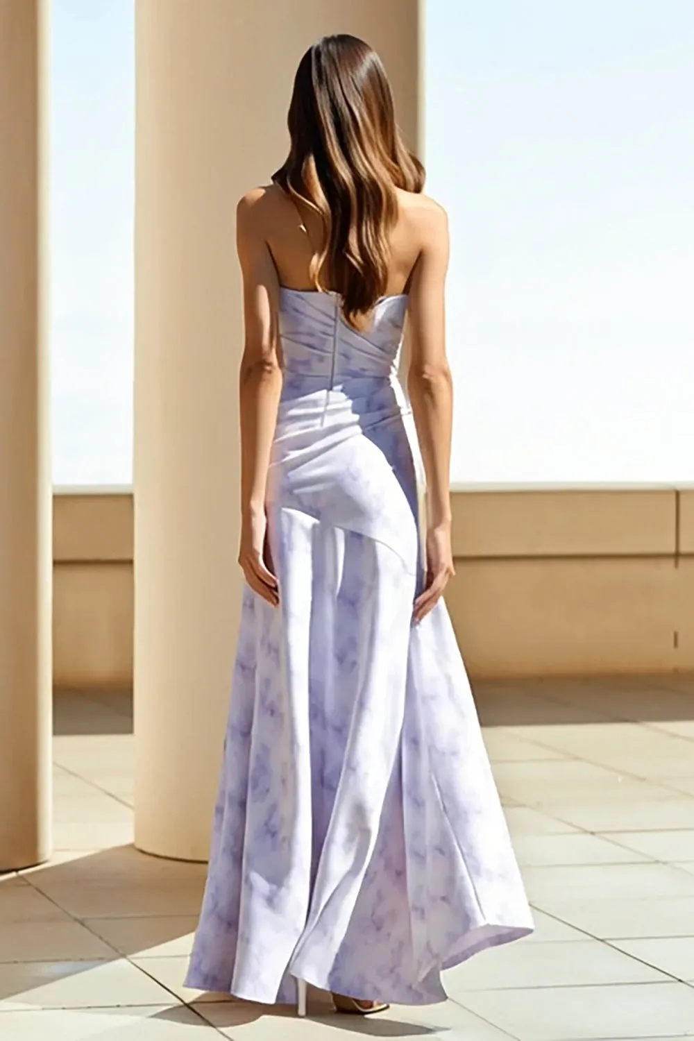 Lilac Strapless Sheath Ruched Long Floral Dress sold by Zapaka product image thumbnail 2