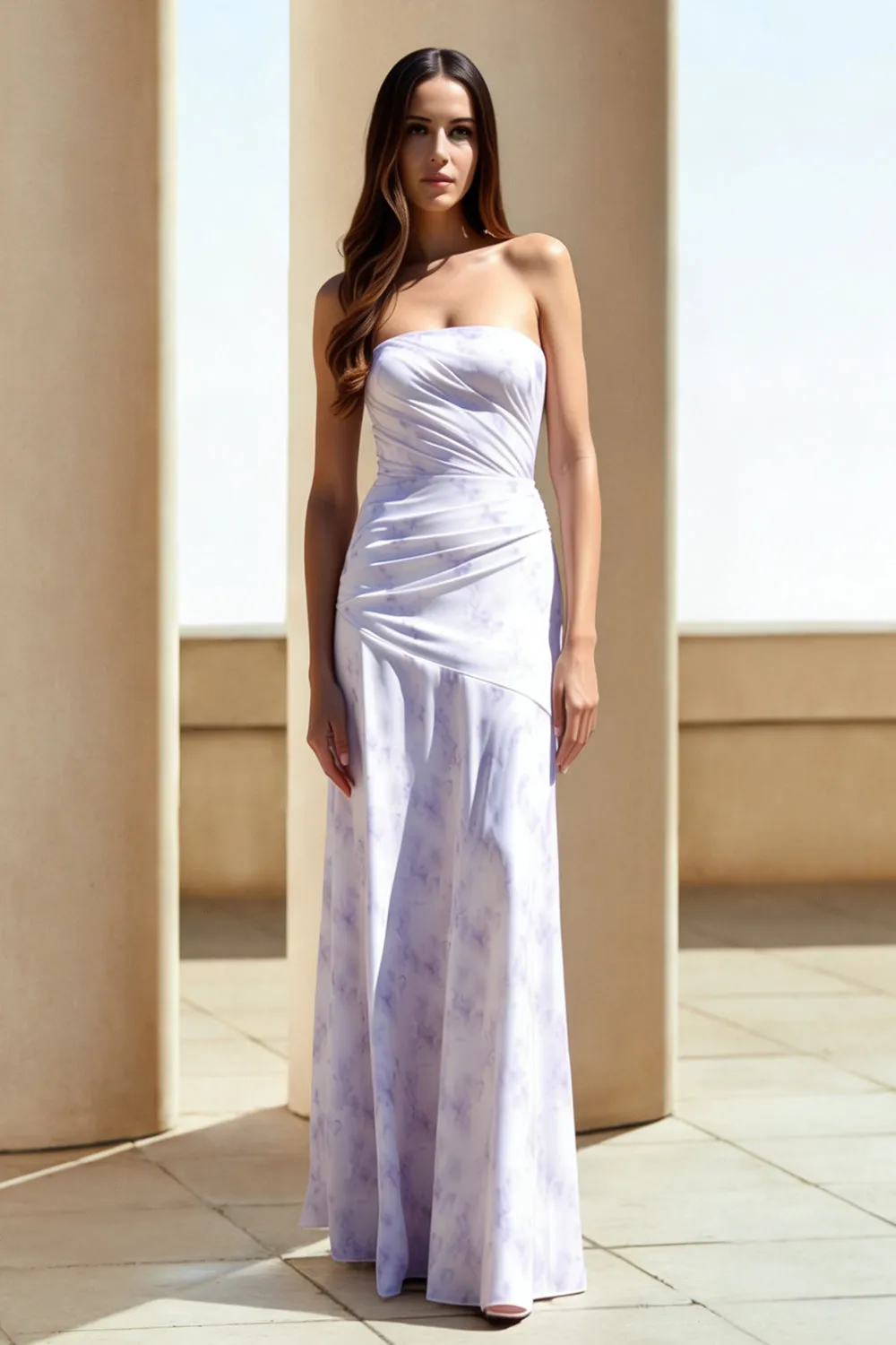 Lilac Strapless Sheath Ruched Long Floral Dress sold by Zapaka