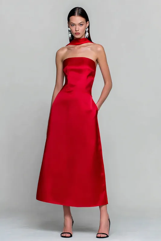 Red Strapless A Line Long Convertible Satin Dress with Pockets sold by Zapaka