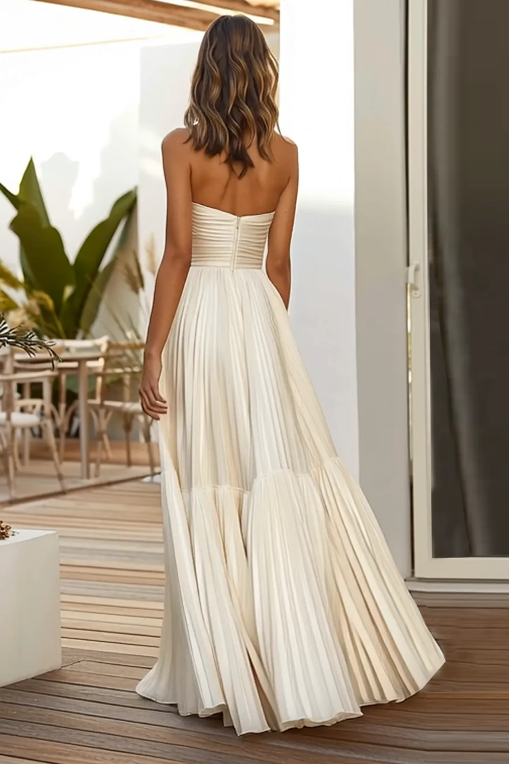 Champagne Strapless A Line Pleated Long Wedding Guest Dress sold by Zapaka product image thumbnail 4