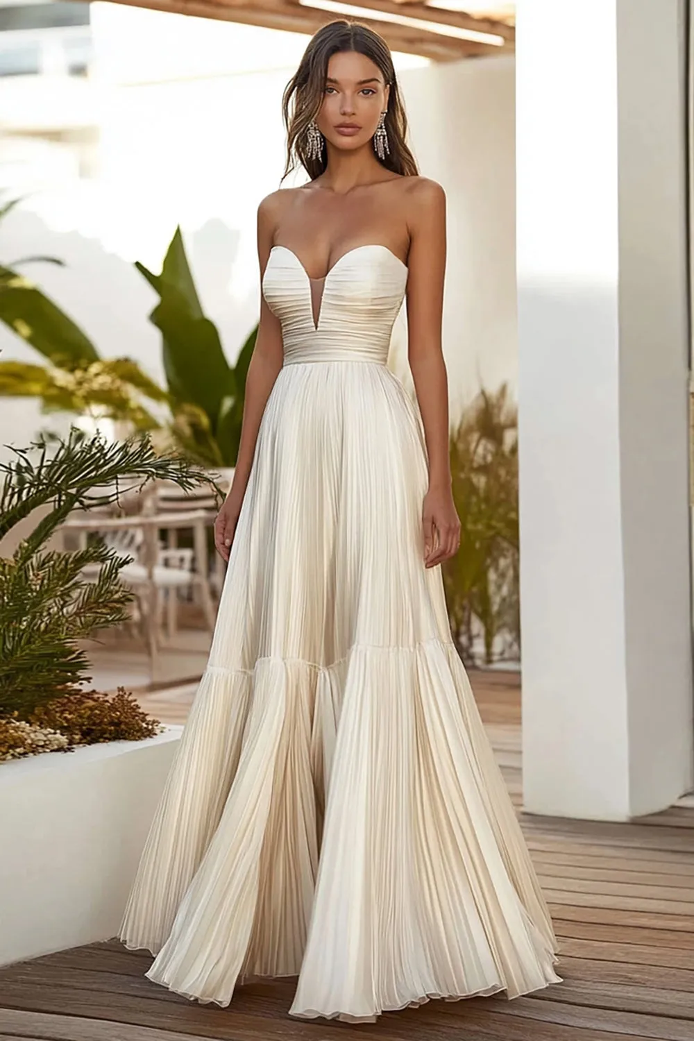 Champagne Strapless A Line Pleated Long Wedding Guest Dress sold by Zapaka product image thumbnail 3