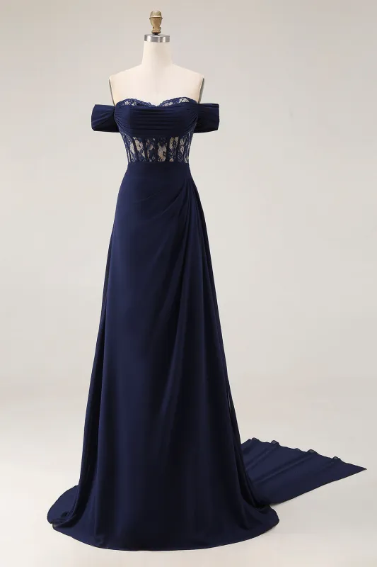 Navy Off The Shoulder A-Line Corset Long Prom Dress with Lace Up Back sold by Zapaka