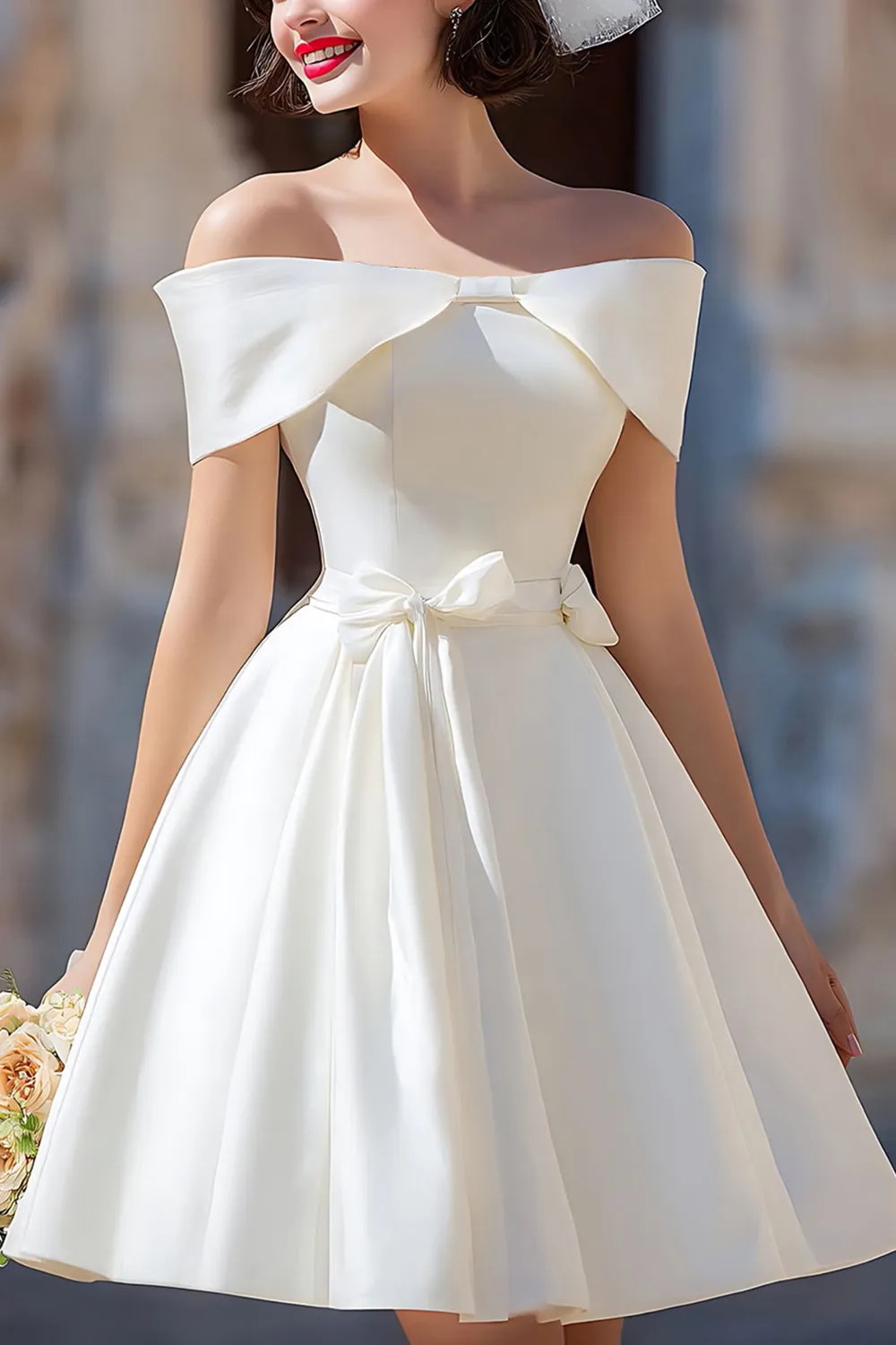 White Satin Off the Shoulder A Line Short Wedding Dress with Bows sold by Zapaka