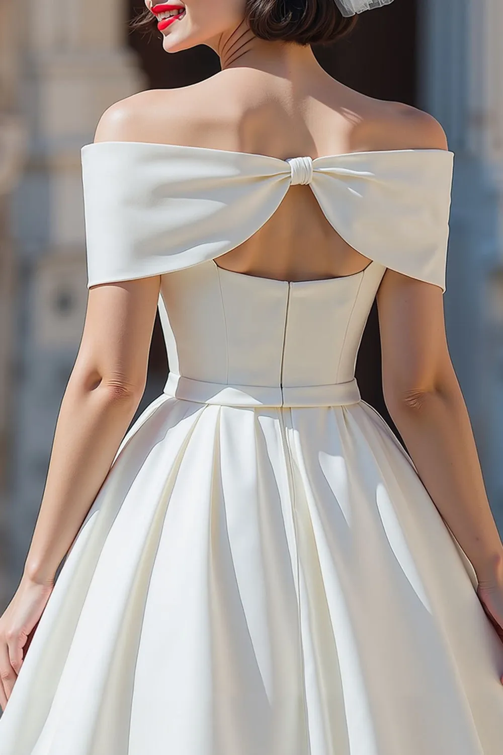 White Satin Off the Shoulder A Line Short Wedding Dress with Bows sold by Zapaka product image thumbnail 4