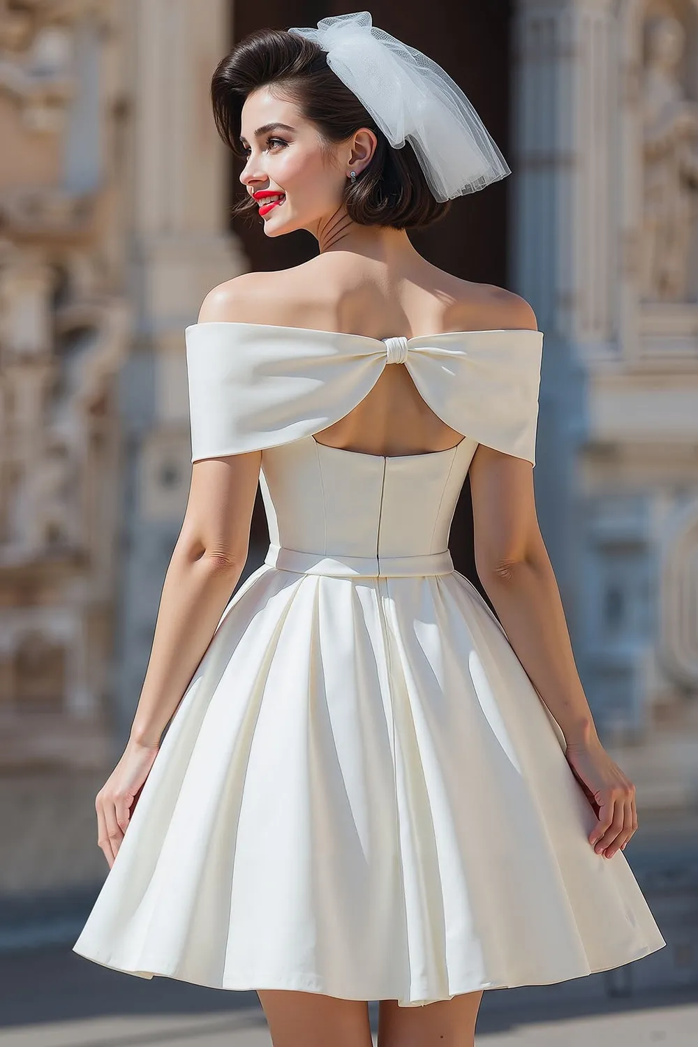 White Satin Off the Shoulder A Line Short Wedding Dress with Bows sold by Zapaka product image thumbnail 2