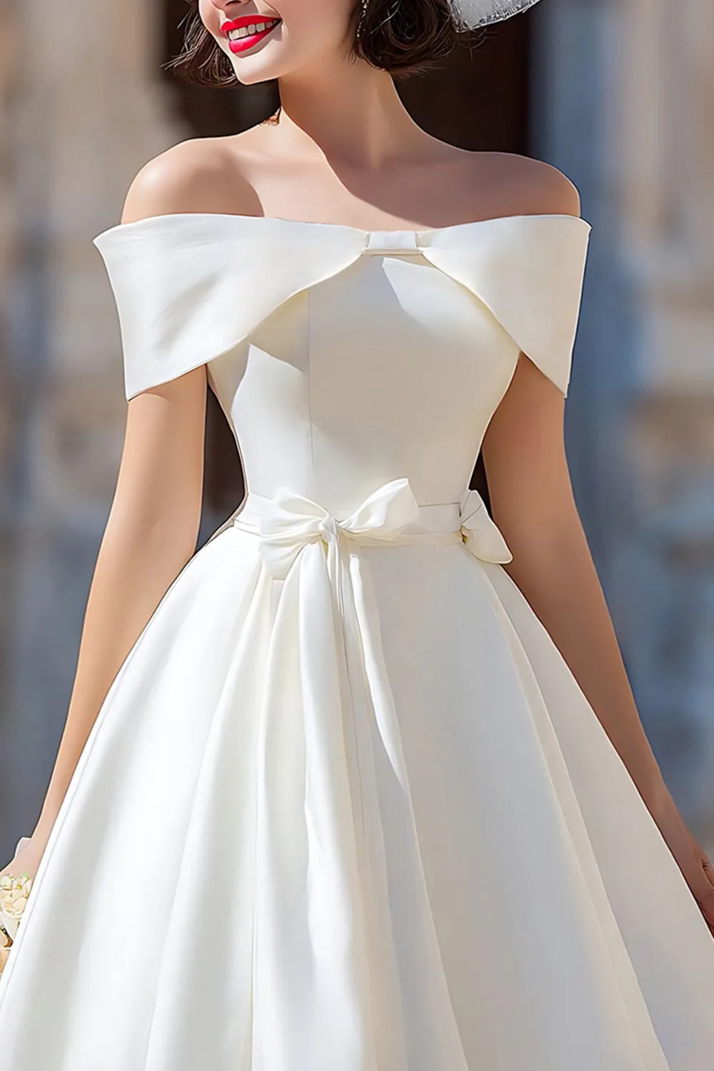 White Satin Off the Shoulder A Line Short Wedding Dress with Bows sold by Zapaka product image thumbnail 3