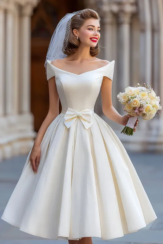 Off the Shouder Ivory Short Wedding Dress with Bow sold by Zapaka