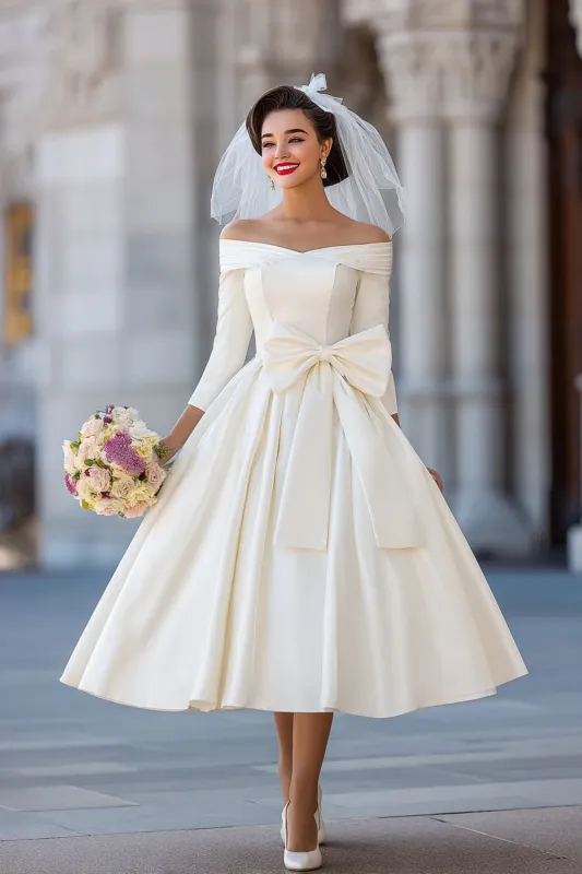 Ivory Corset Off the Shoulder Midi Wedding Dress with Detachable Bow sold by Zapaka