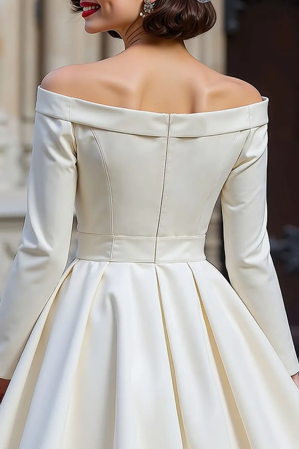 Off the Shoulder White A Line Short Wedding Dress with Long Sleeves sold by Zapaka product image thumbnail 4