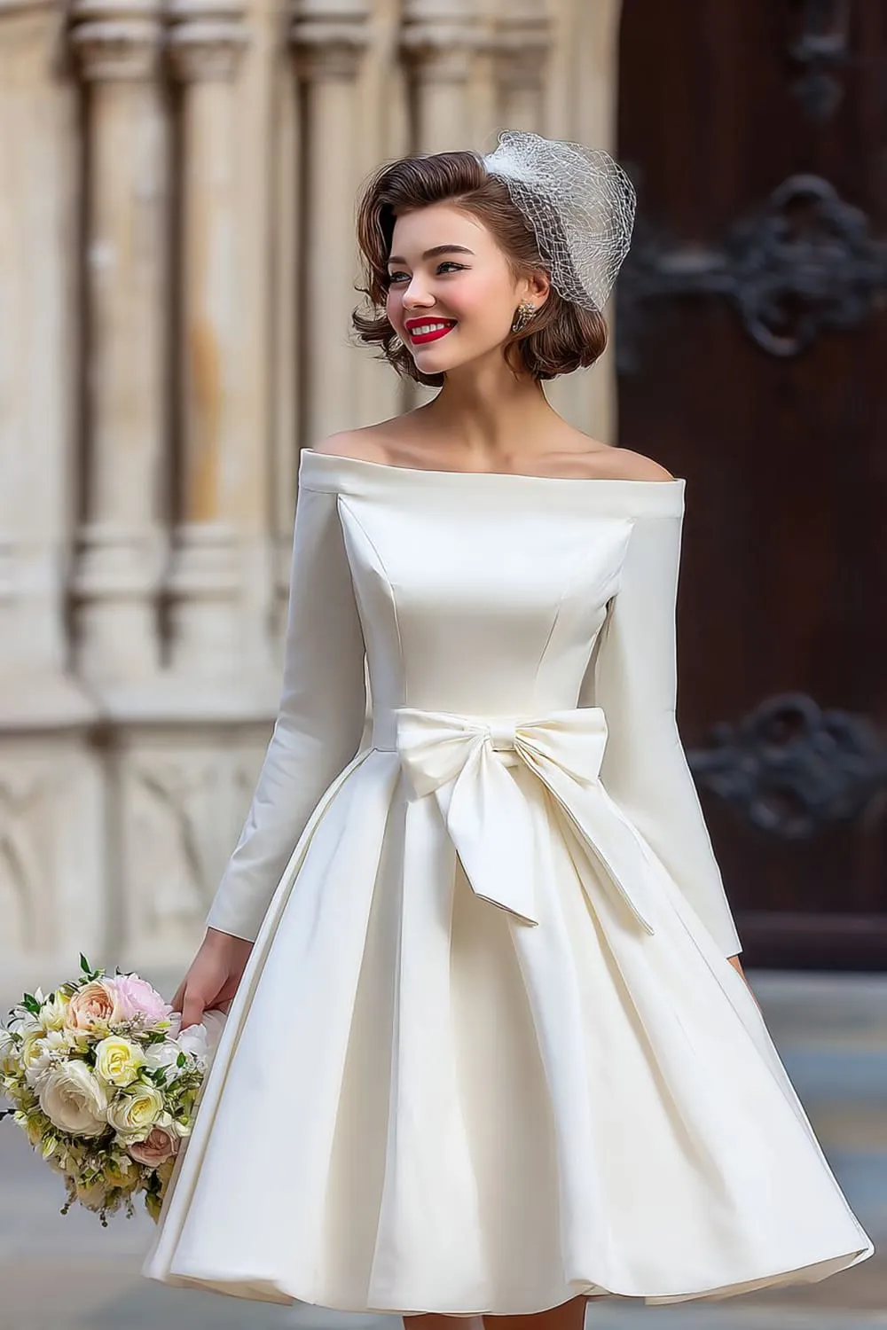 Off the Shoulder White A Line Short Wedding Dress with Long Sleeves sold by Zapaka