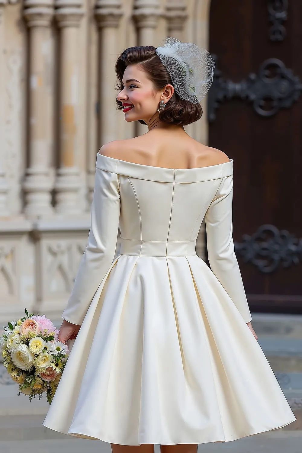 Off the Shoulder White A Line Short Wedding Dress with Long Sleeves sold by Zapaka product image thumbnail 2