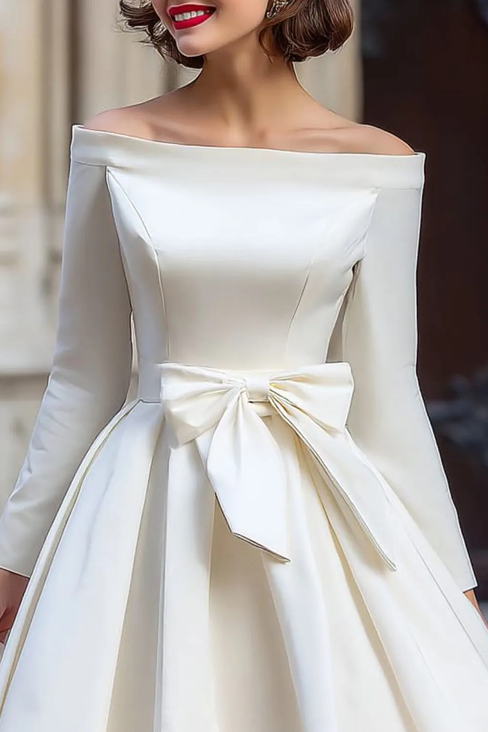 Off the Shoulder White A Line Short Wedding Dress with Long Sleeves sold by Zapaka product image thumbnail 3