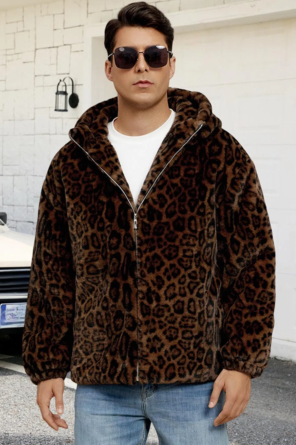 Brown Leopard Faux Fur Hooded Men's Winter Coat sold by Zapaka product image thumbnail 3