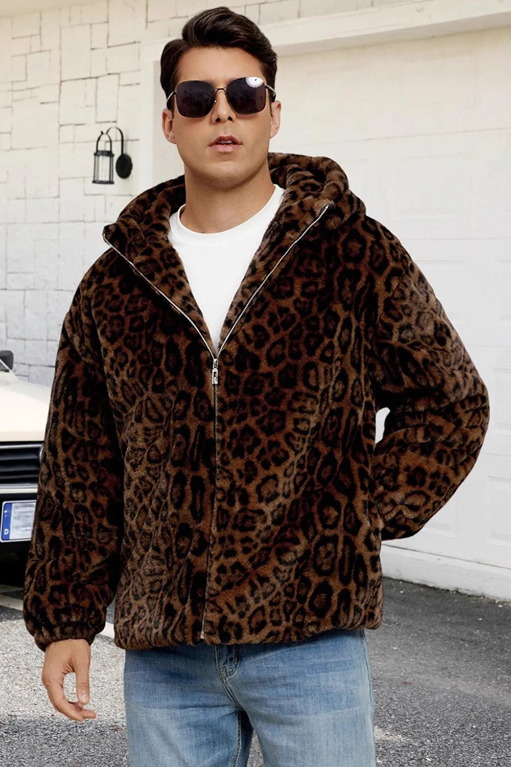 Brown Leopard Faux Fur Hooded Men's Winter Coat sold by Zapaka product image thumbnail 4