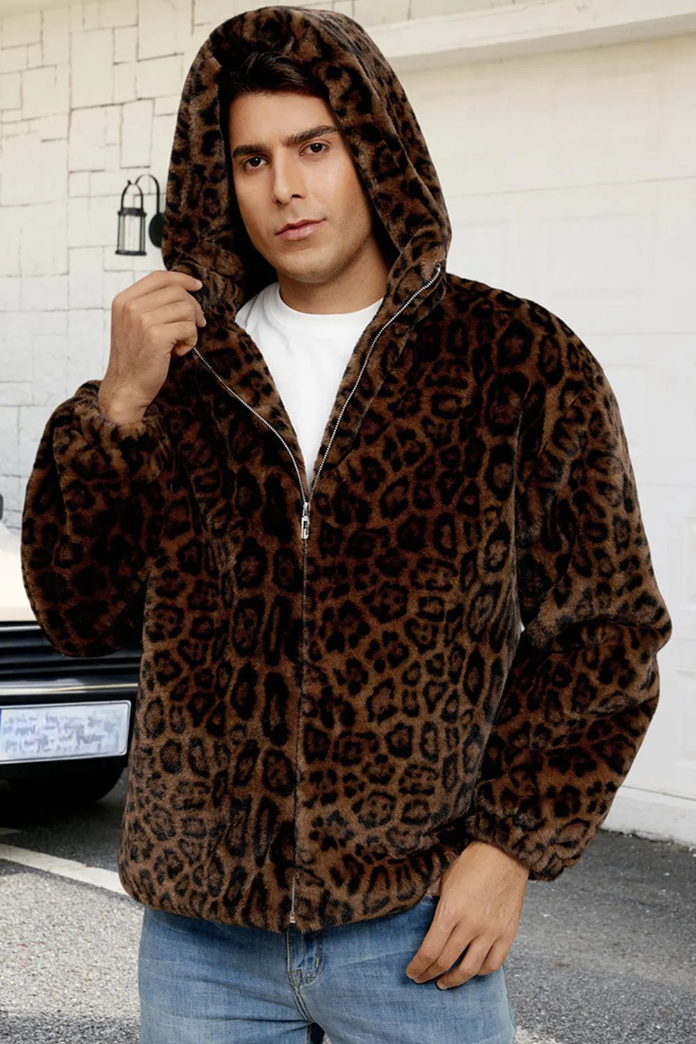 Brown Leopard Faux Fur Hooded Men's Winter Coat sold by Zapaka