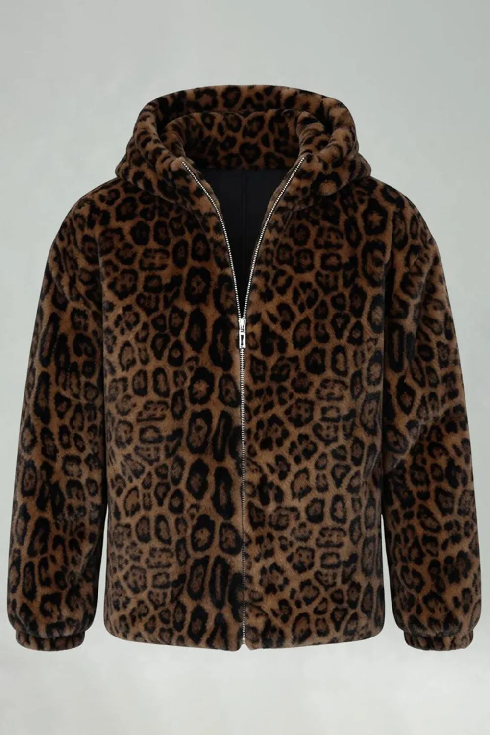 Brown Leopard Faux Fur Hooded Men's Winter Coat sold by Zapaka product image thumbnail 5