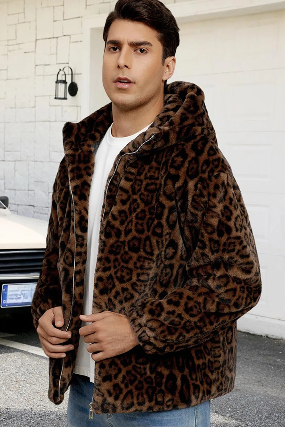 Brown Leopard Faux Fur Hooded Men's Winter Coat sold by Zapaka product image thumbnail 2
