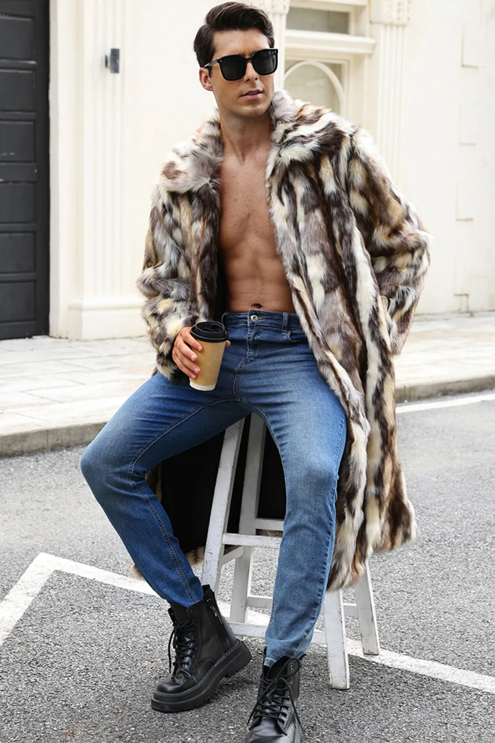 Men's Faux Fur Grey Coffee Open Front Winter Coat sold by Zapaka product image thumbnail 3