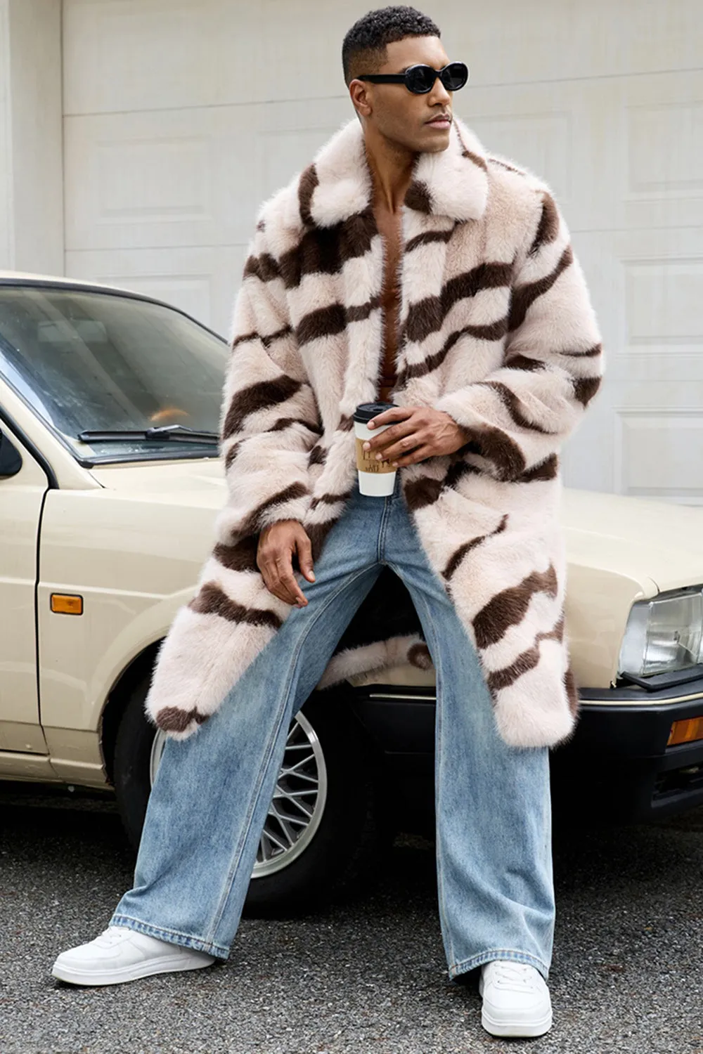 Apricot Zebras Faux Fur Open Front Long Men's Coat sold by Zapaka product image thumbnail 3