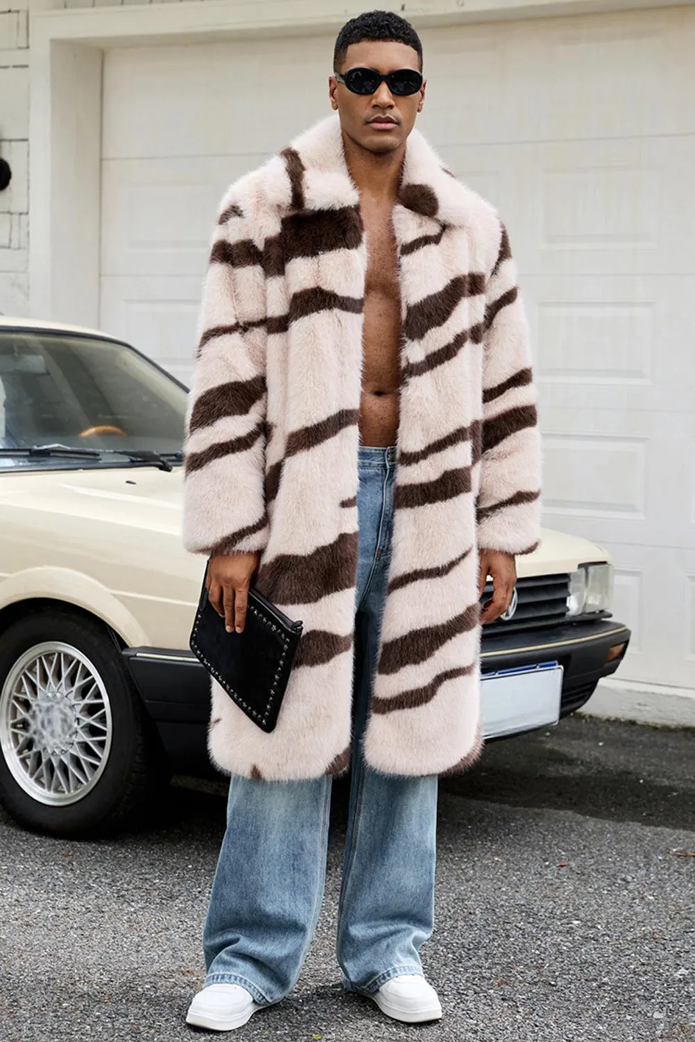 Apricot Zebras Faux Fur Open Front Long Men's Coat sold by Zapaka product image thumbnail 4