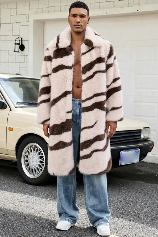 Apricot Zebras Faux Fur Open Front Long Men's Coat sold by Zapaka