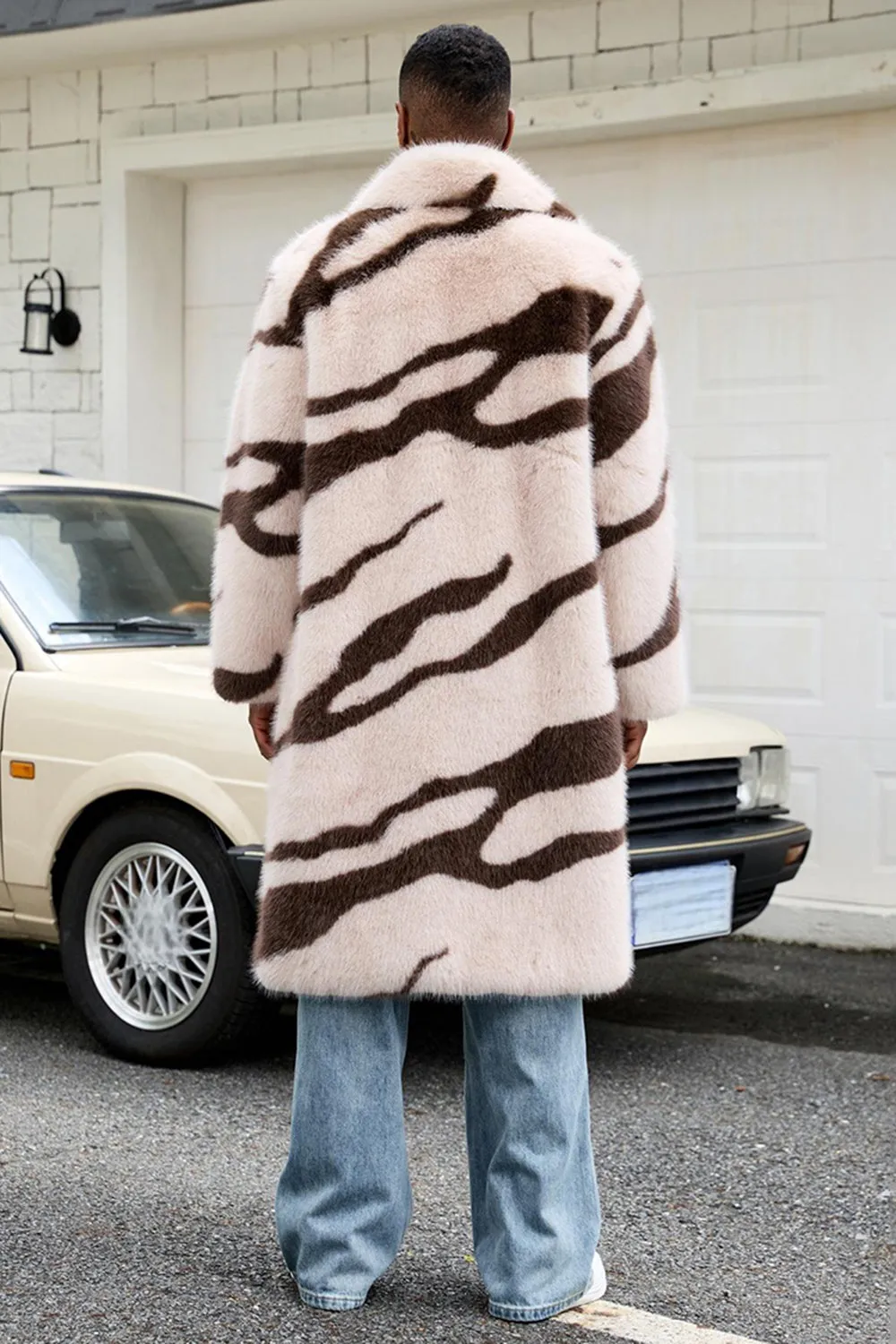 Apricot Zebras Faux Fur Open Front Long Men's Coat sold by Zapaka product image thumbnail 2