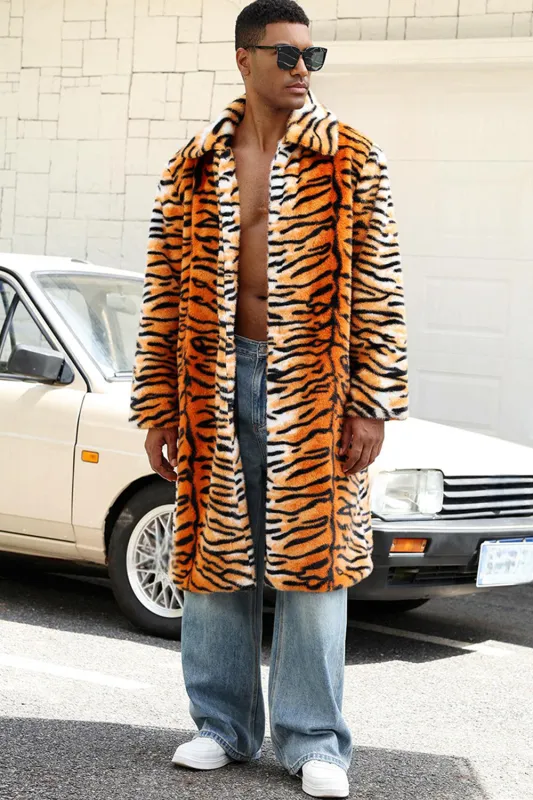 Men's Yellow Open Front Shawl Collar Long Faux Fur Coat sold by Zapaka