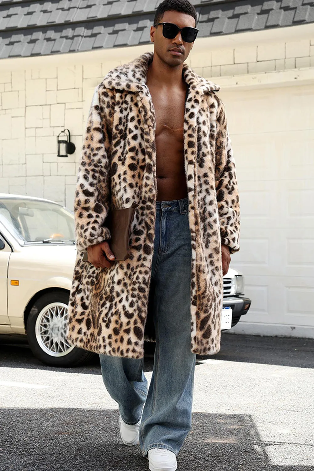 Coffee Leopard Shawl Collar Long Faux Fur Men's Coat sold by Zapaka