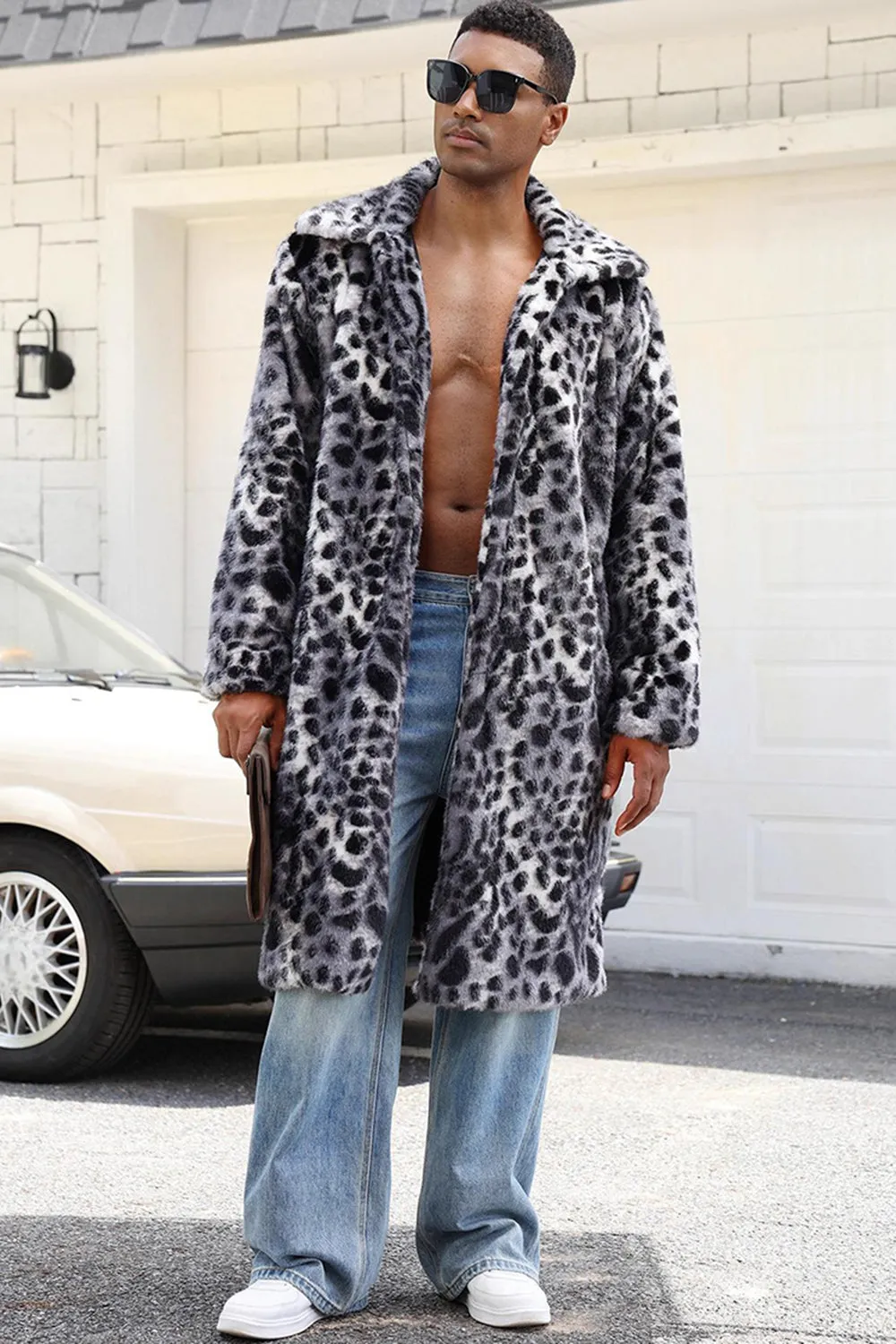 Coffee Leopard Shawl Collar Long Faux Fur Men's Coat sold by Zapaka product image thumbnail 5