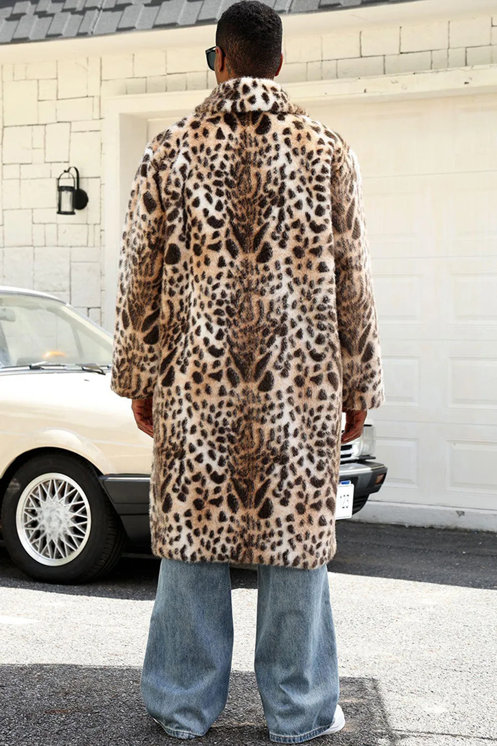 Coffee Leopard Shawl Collar Long Faux Fur Men's Coat sold by Zapaka product image thumbnail 2