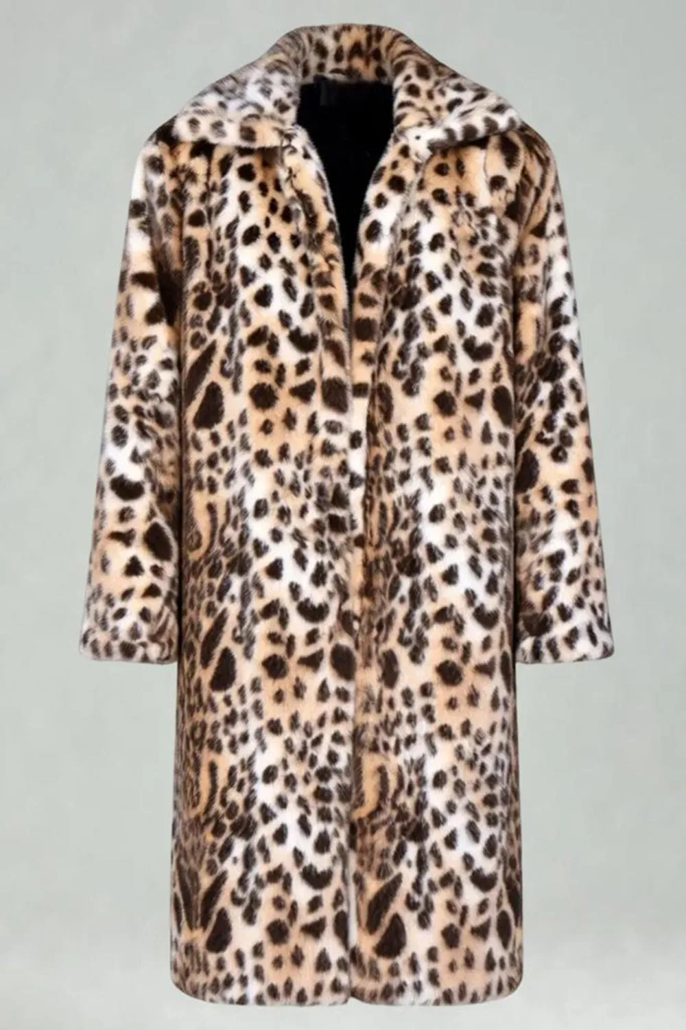 Coffee Leopard Shawl Collar Long Faux Fur Men's Coat sold by Zapaka product image thumbnail 3