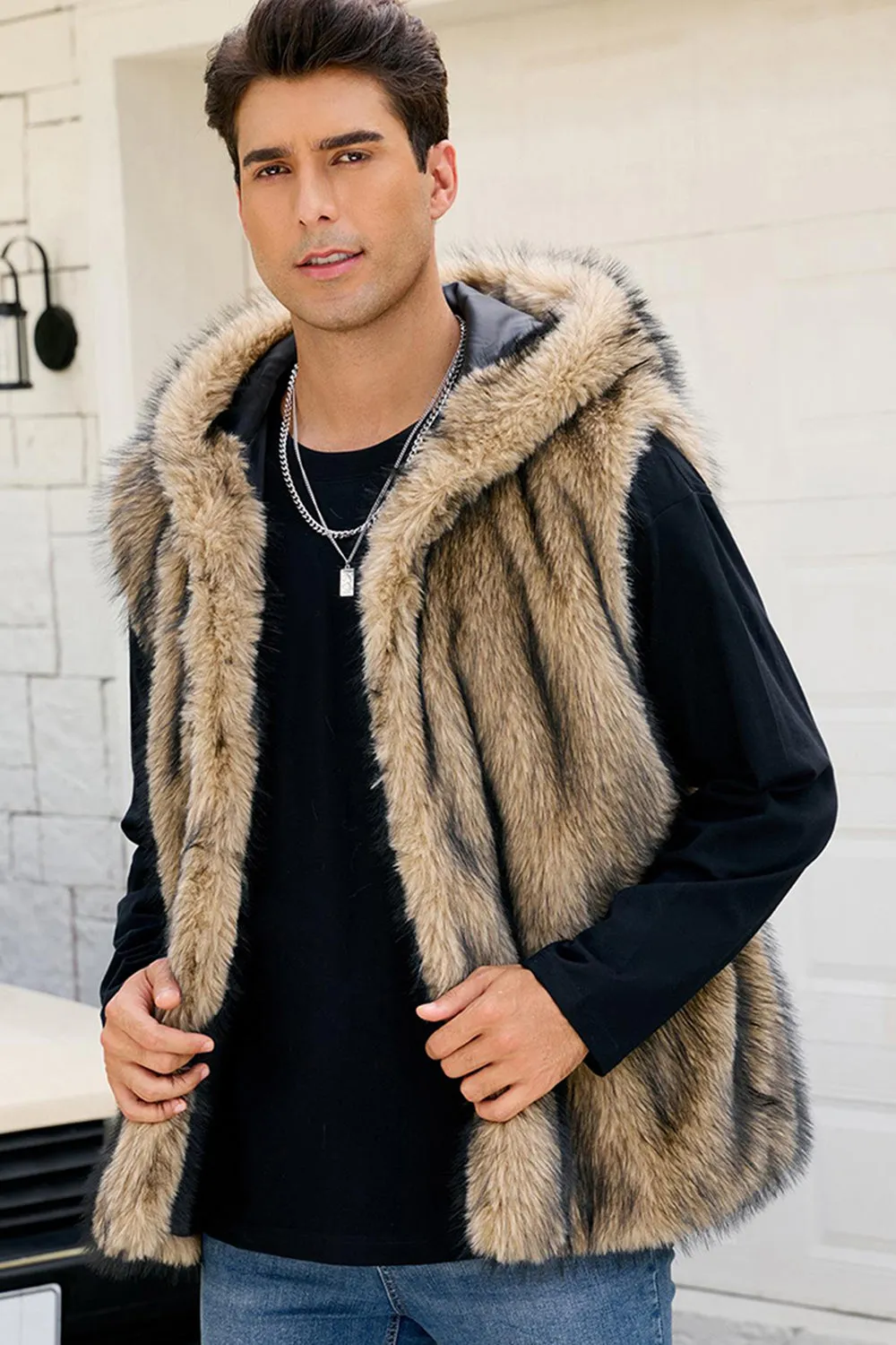 Men's Camel Faux Fur Hooded Vest sold by Zapaka product image thumbnail 5