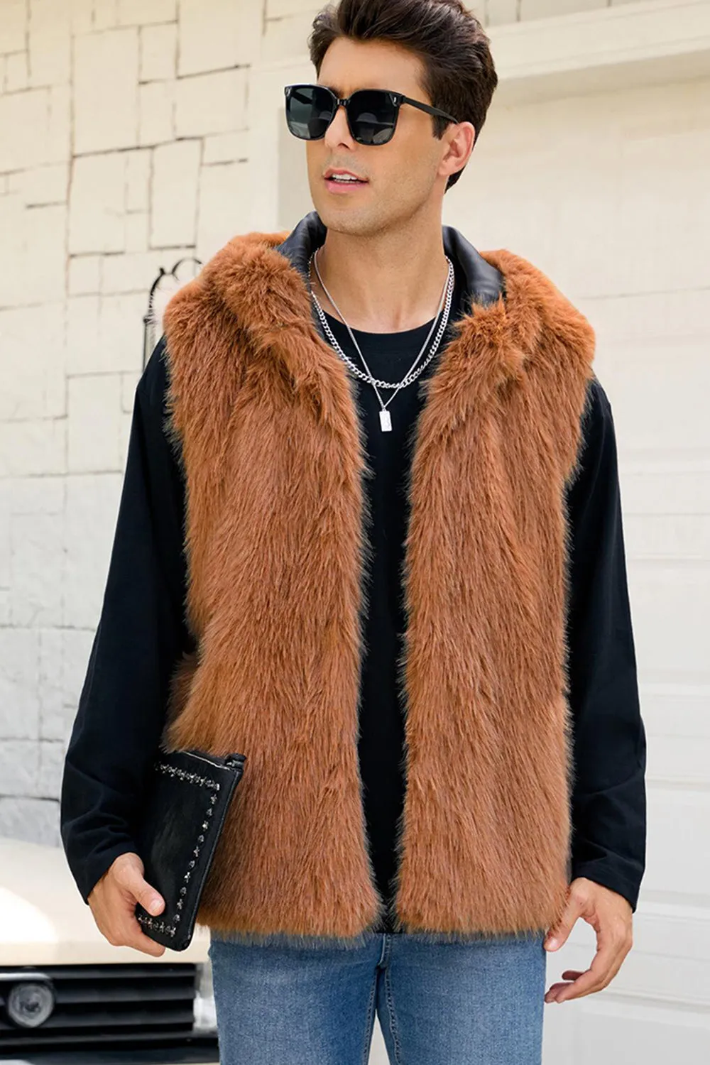 Men's Camel Faux Fur Hooded Vest sold by Zapaka