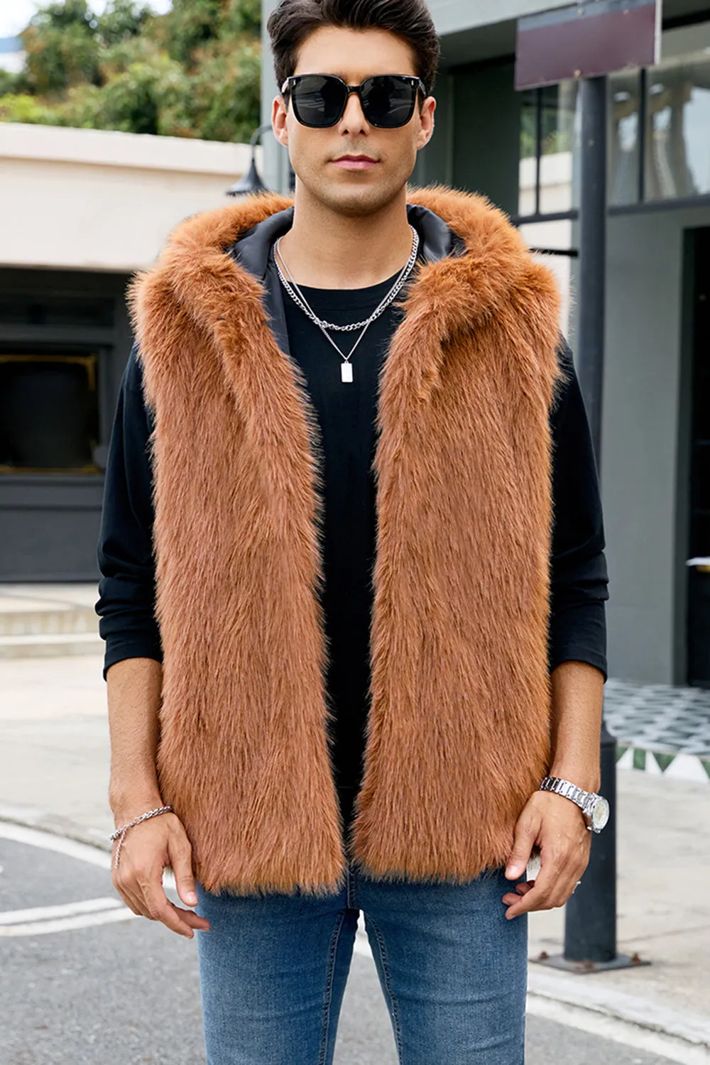 Men's Camel Faux Fur Hooded Vest sold by Zapaka product image thumbnail 2