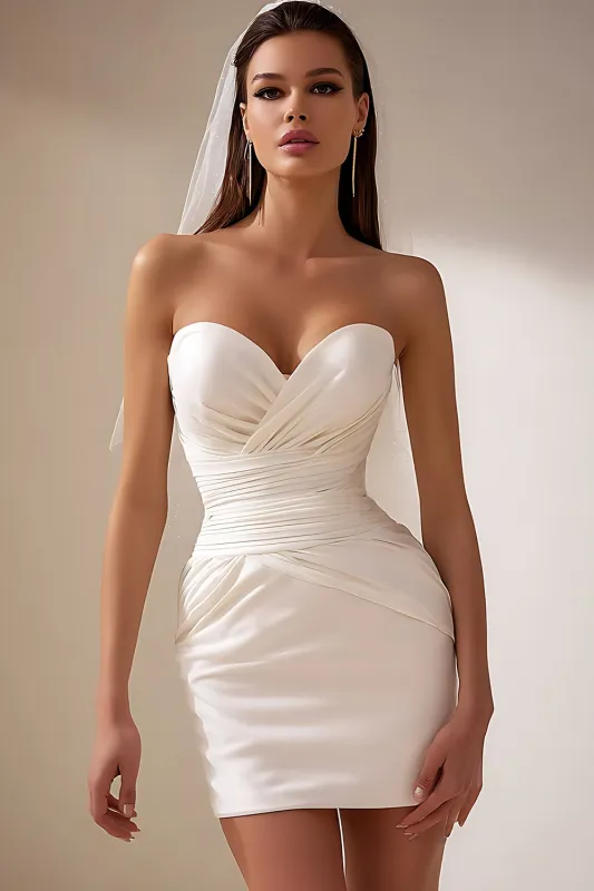Sweetheart White Bodycon Ruched Mini Wedding Dress sold by Zapaka