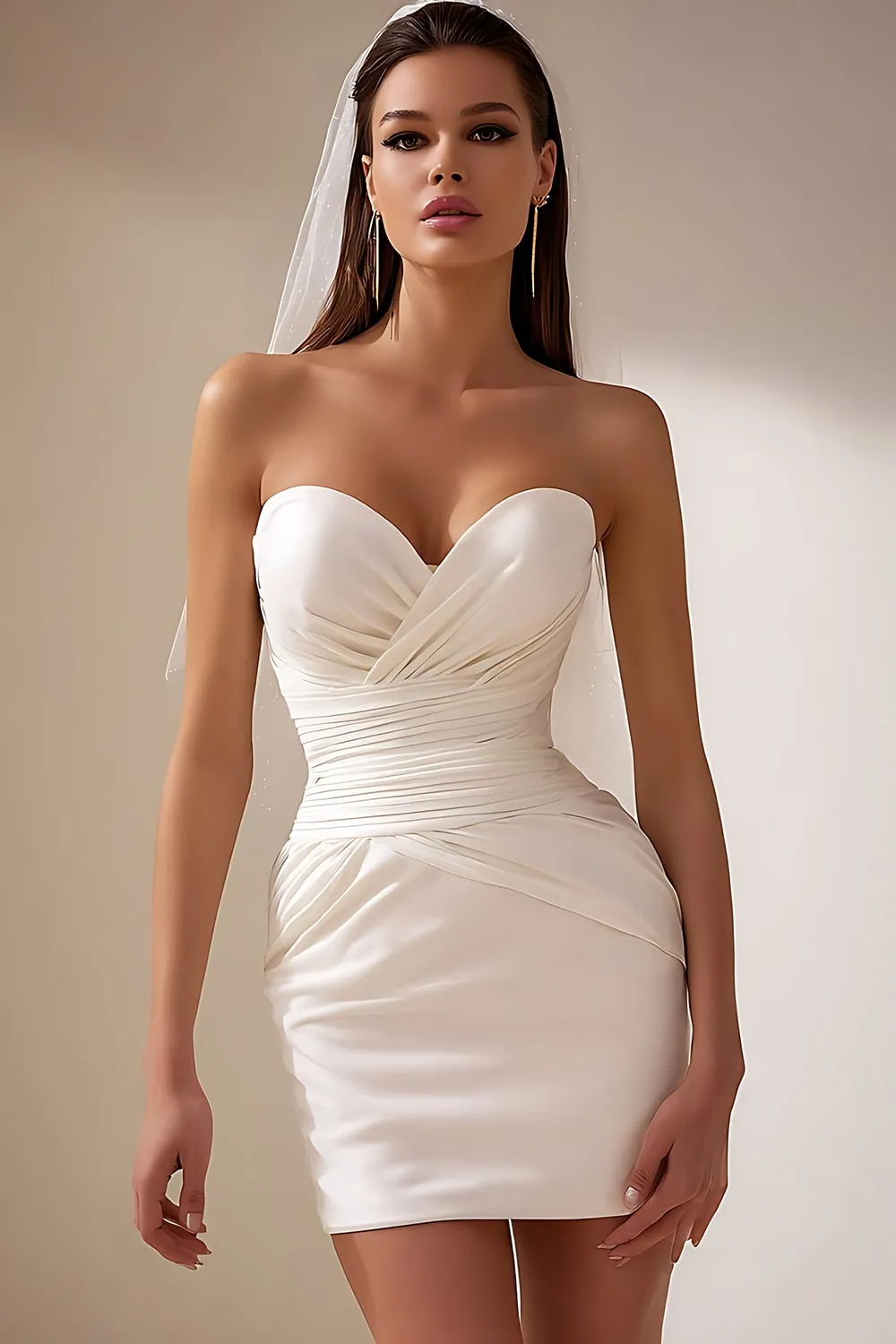 Sweetheart White Bodycon Ruched Mini Wedding Dress sold by Zapaka