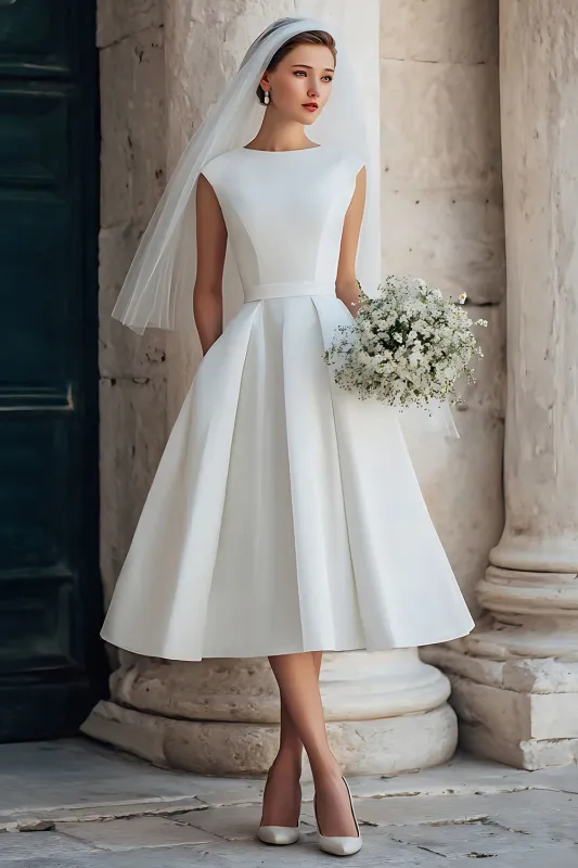 White A Line Sleeveless Round Neck Midi Wedding Dress sold by Zapaka