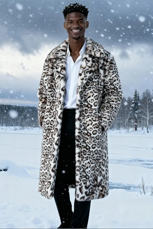 Ivory Leopard Faux Fur Warmth Long Men's Coat with Pockets sold by Zapaka