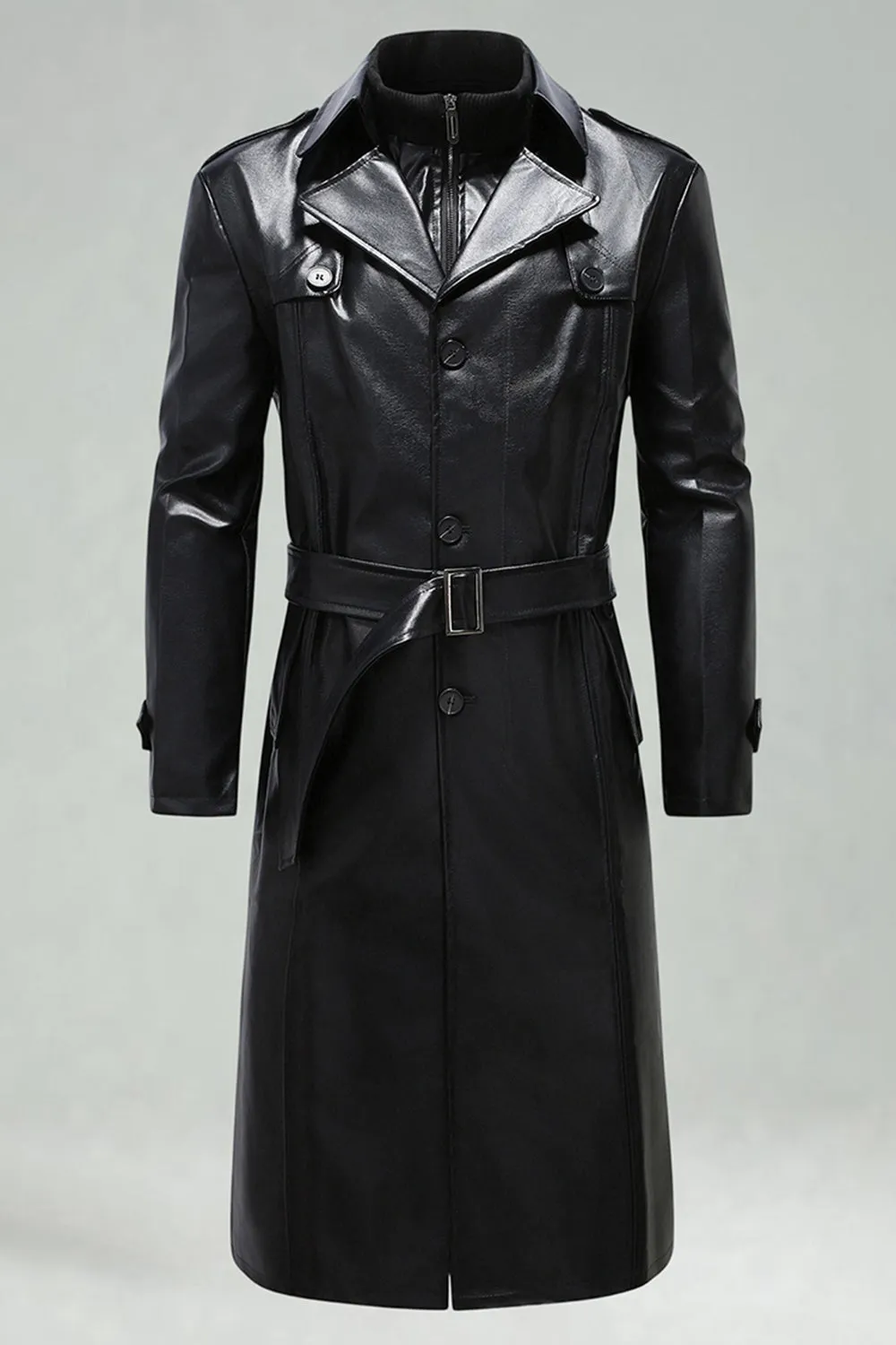 Black Leather Notched Lapel Men's Trench Coat with Belt sold by Zapaka product image thumbnail 2